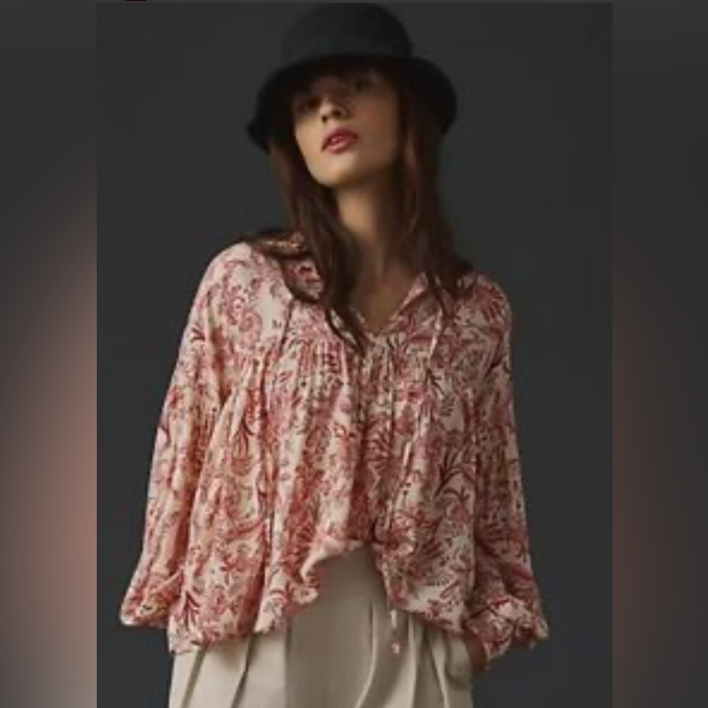 Anthropologie Viscose Red Cream French Country Tie Peasant Blouse M